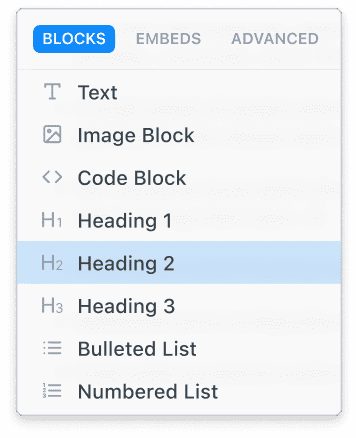 Markdown menu showing block options