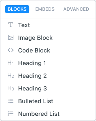 Drop down list for Blocks, embeds, and advanced options
