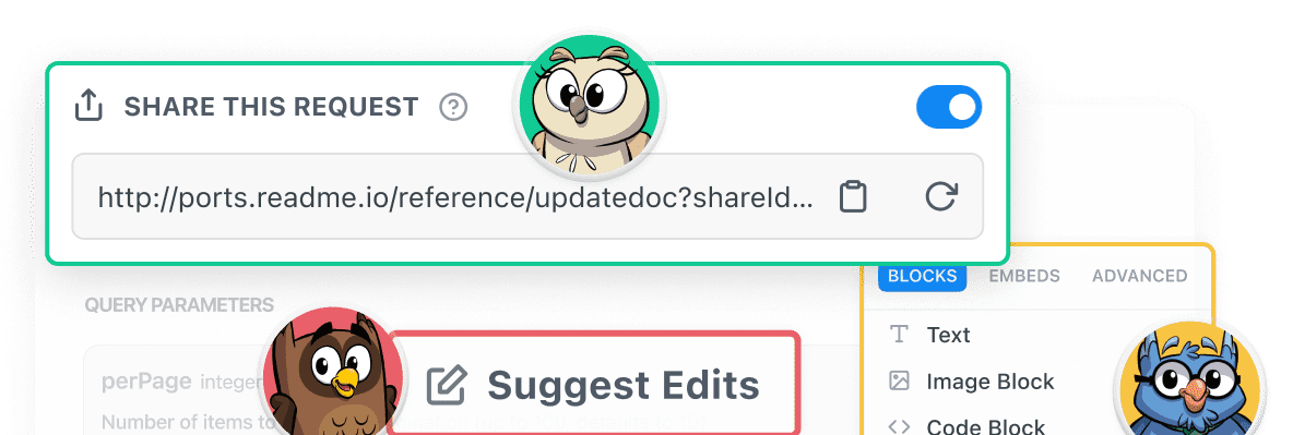3 UI elements highlighting, share request by URL, suggested edits, and the ReadMe editor