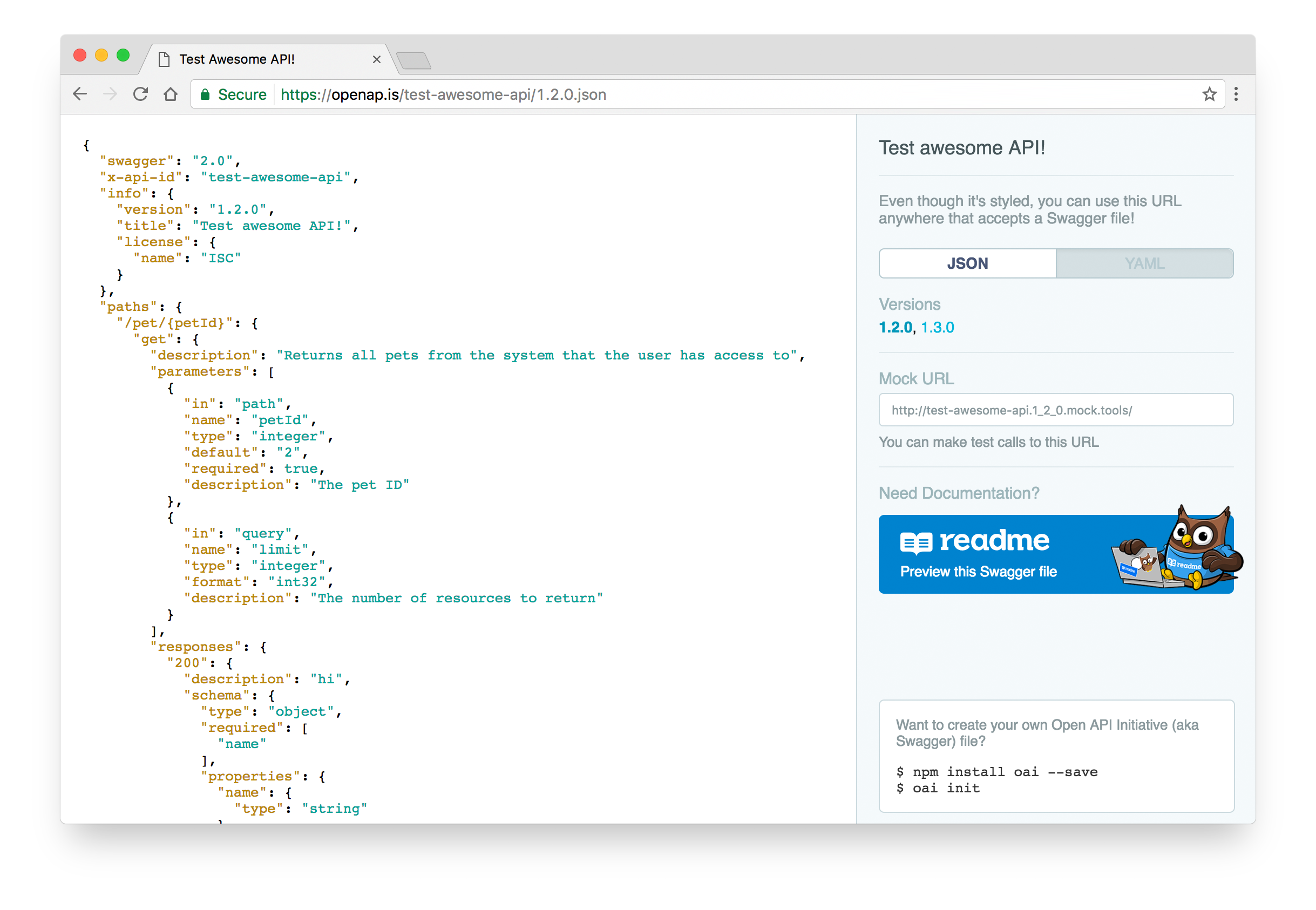 Example of a sharable OpenAPI Spec URL