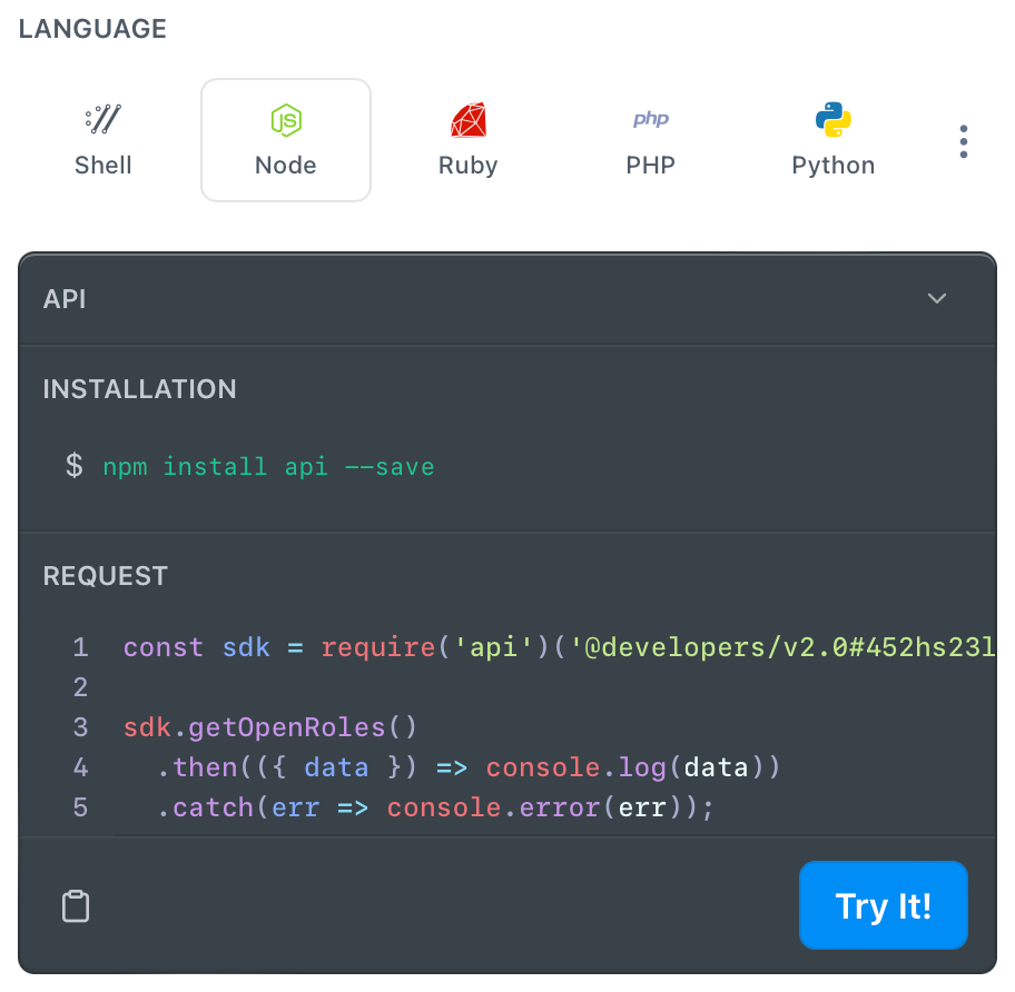 Screenshot of language selection part of interface in ReadMe