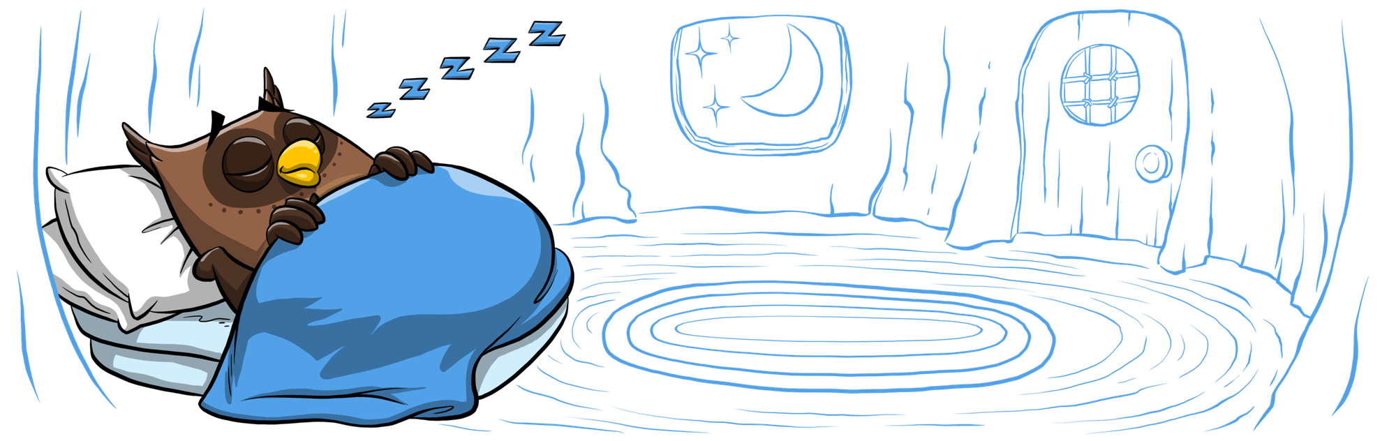 Owlbert, sleeping in a bed