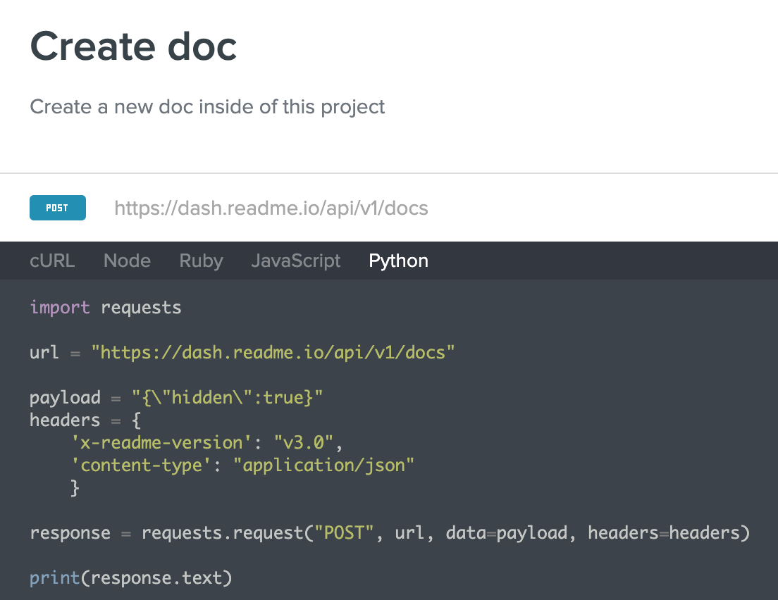 Sample code snippets generated from an API description file