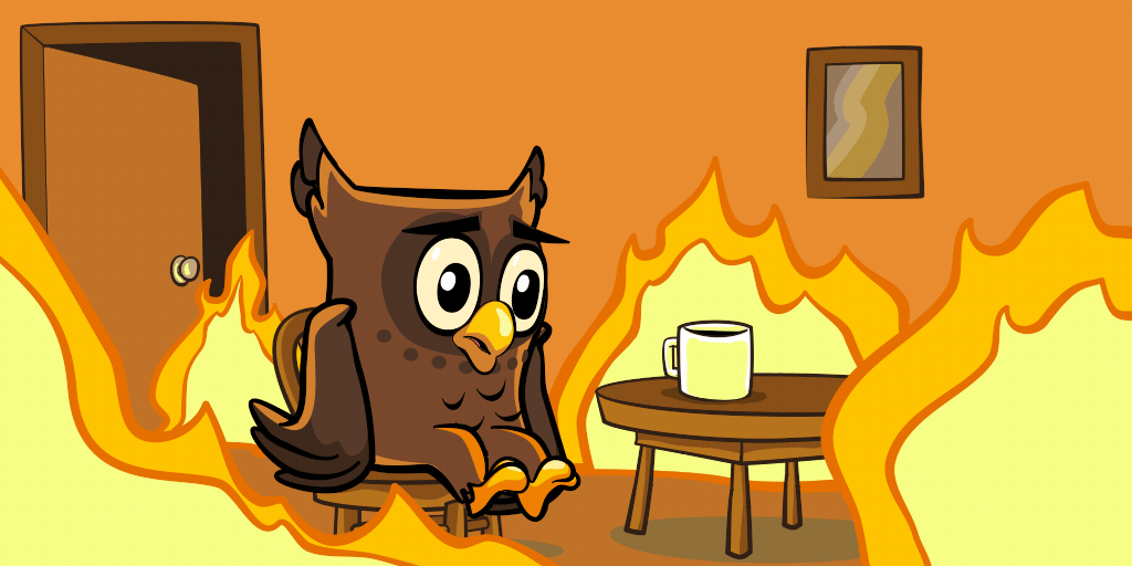 Gif version of the This Is Fine meme, featuring Owlbert