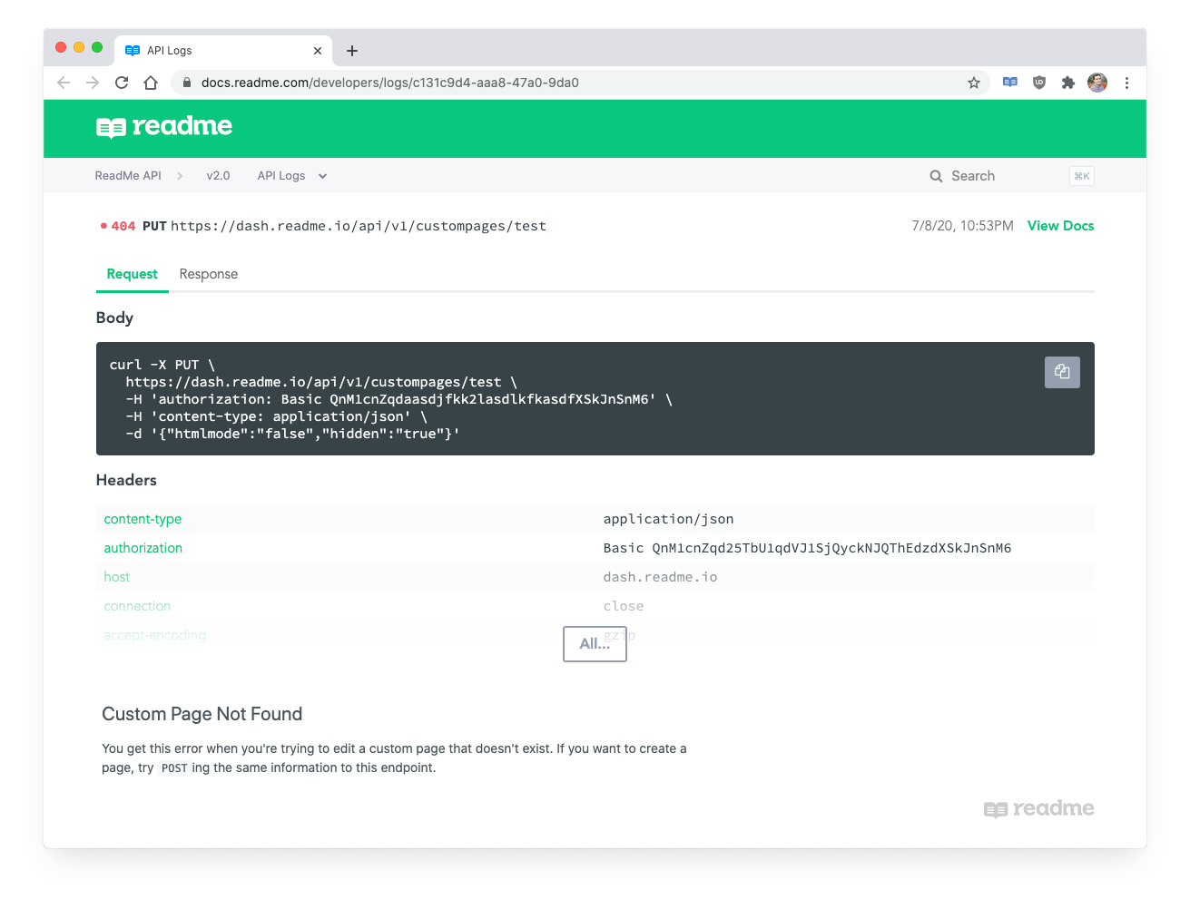 Screenshot of API Logs in ReadMe-powered documentation