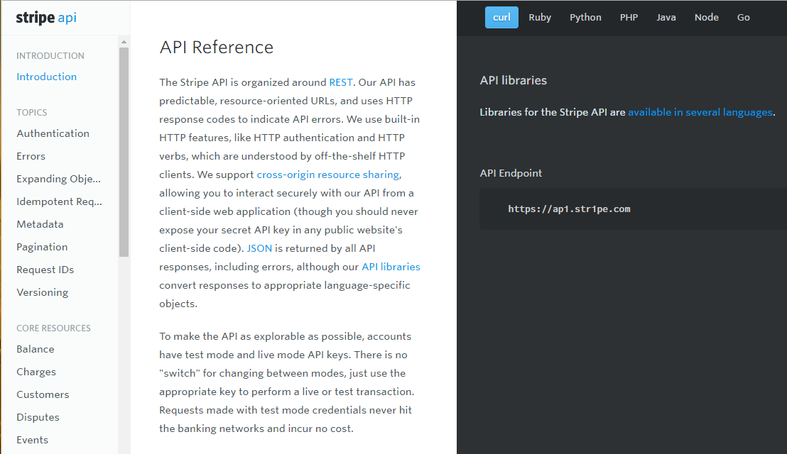 Screenshot of Stripe's API documentation in a three-pane layout