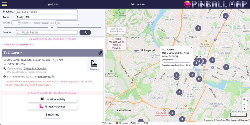 Screenshot of map showcasing pinball machines in Austin via the Pinball Map project