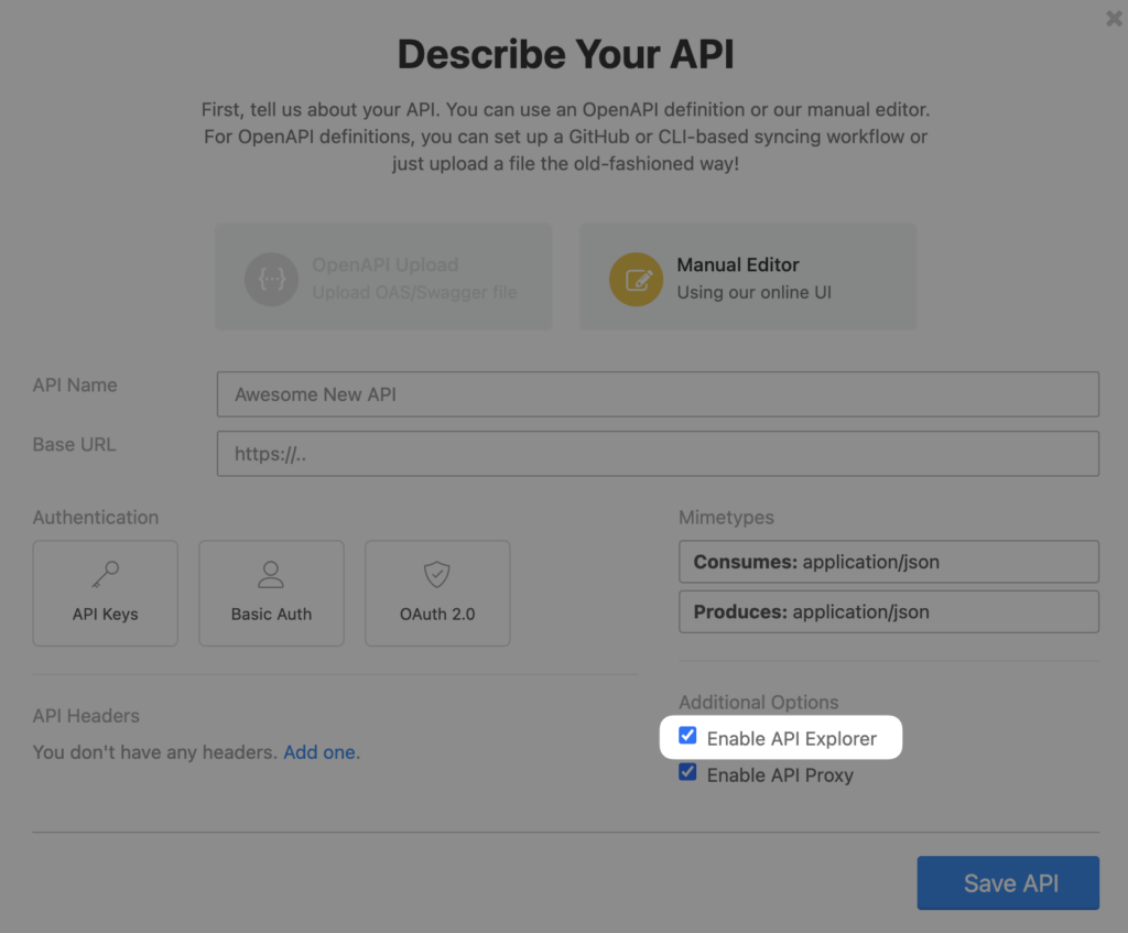 Screenshot showing where to select or deselect API Explorer in the Describe Your API modal