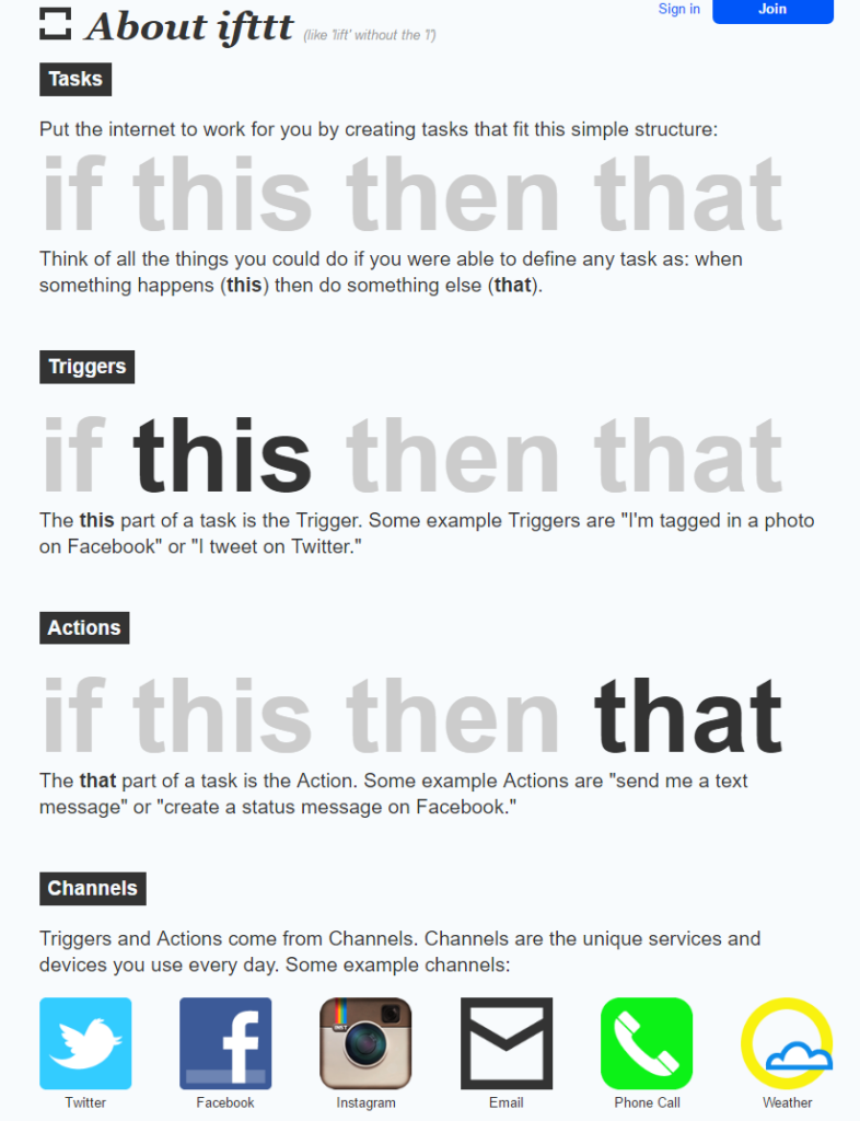 IFTTT's first website, which has a basic quick start tutorial