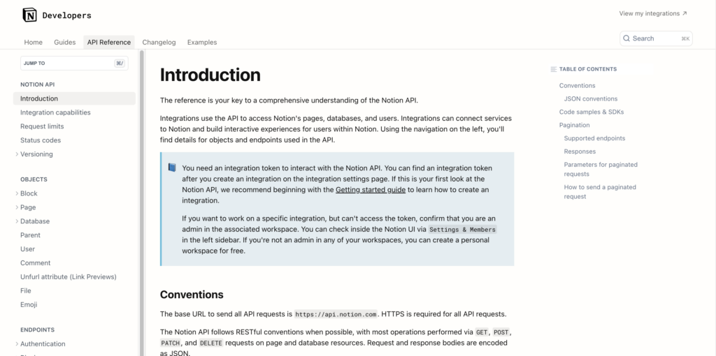 screenshot of notion api documentation