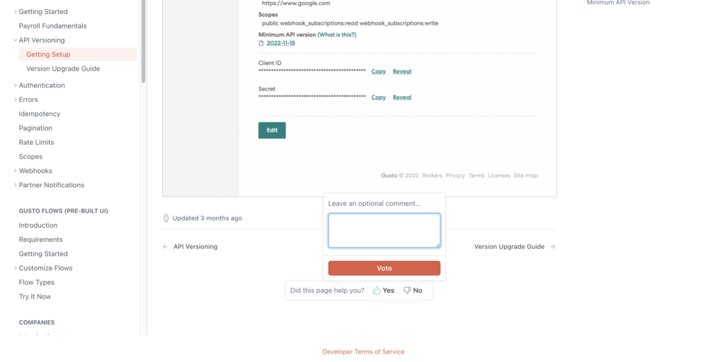 screenshot of gusto feedback form for the api versioning page