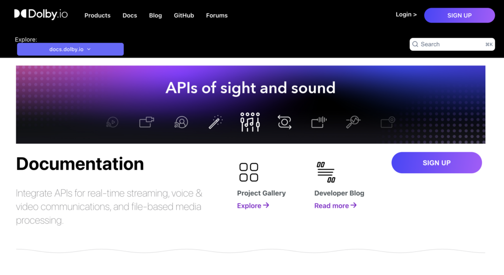 Screenshot of Dolby's API documentation landing page