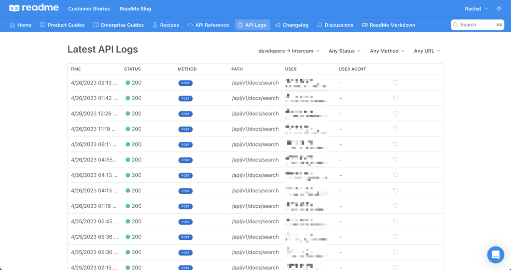 Screenshot of user API logs inside a developer hub