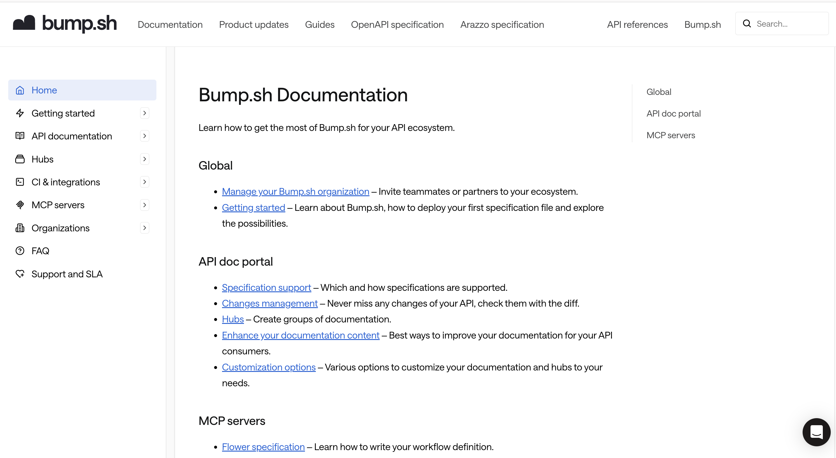 Bump.sh documentation homepage with MCP servers in the navigation