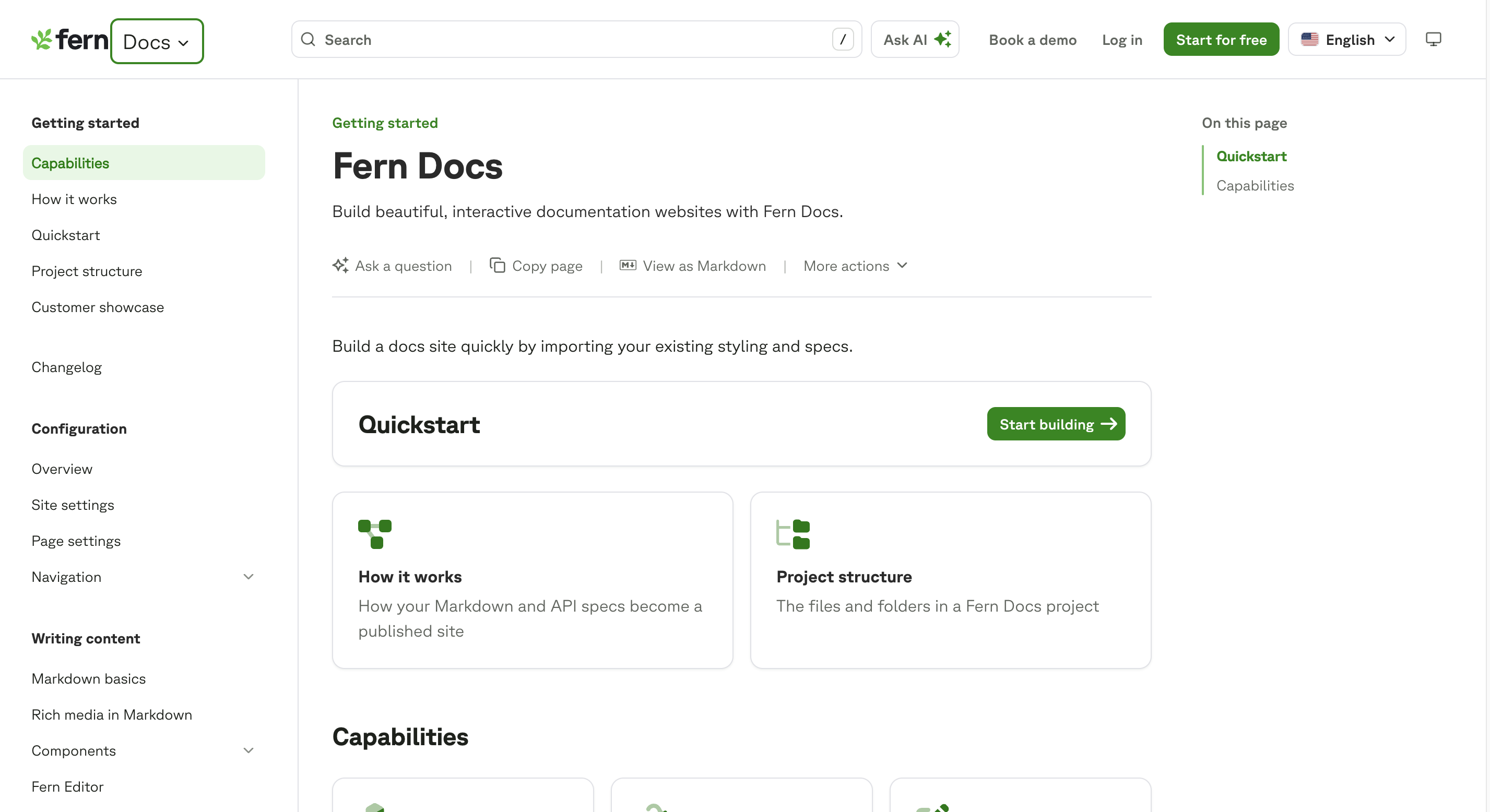 Fern Docs getting-started page with a Quickstart card