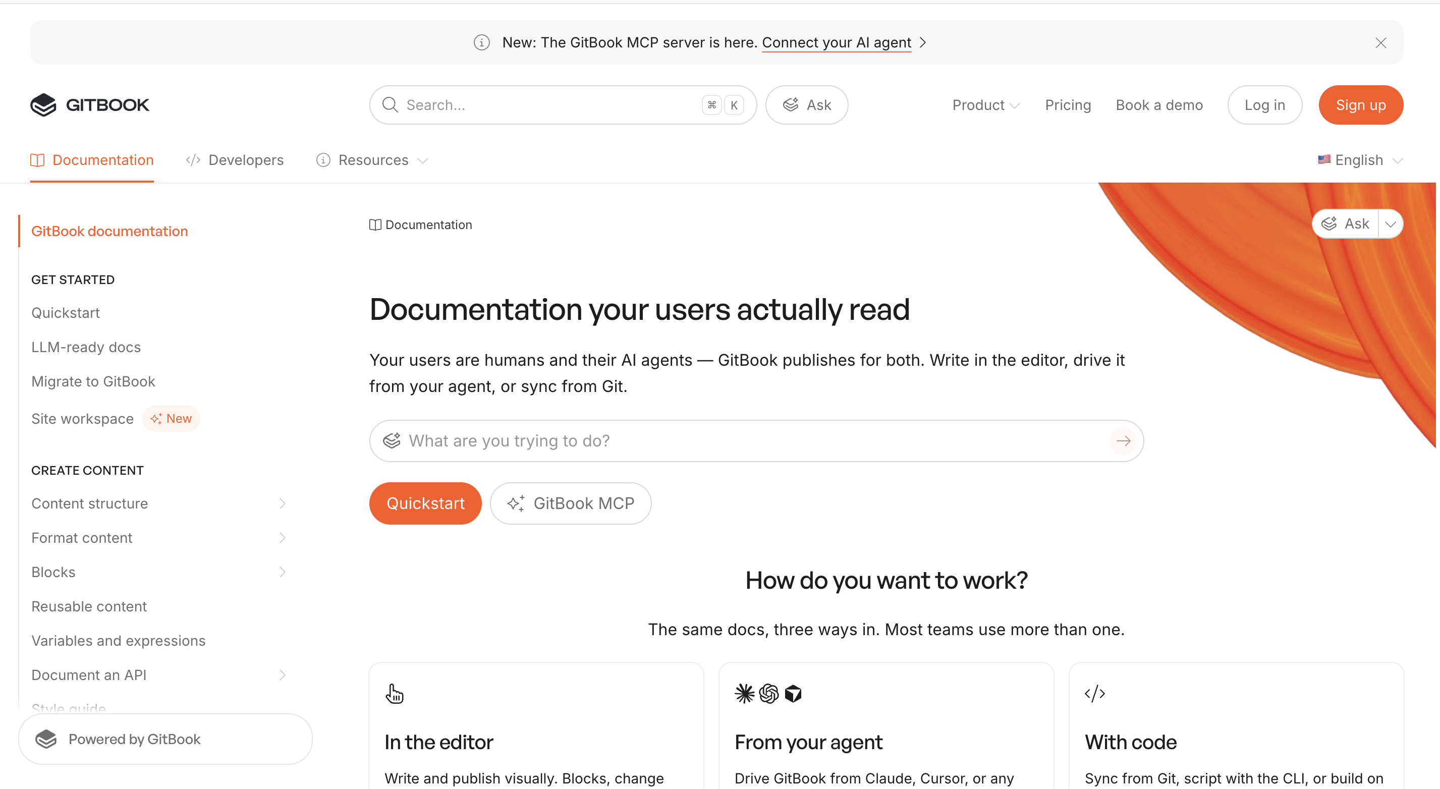 GitBook documentation homepage offering editor, agent, and code workflows