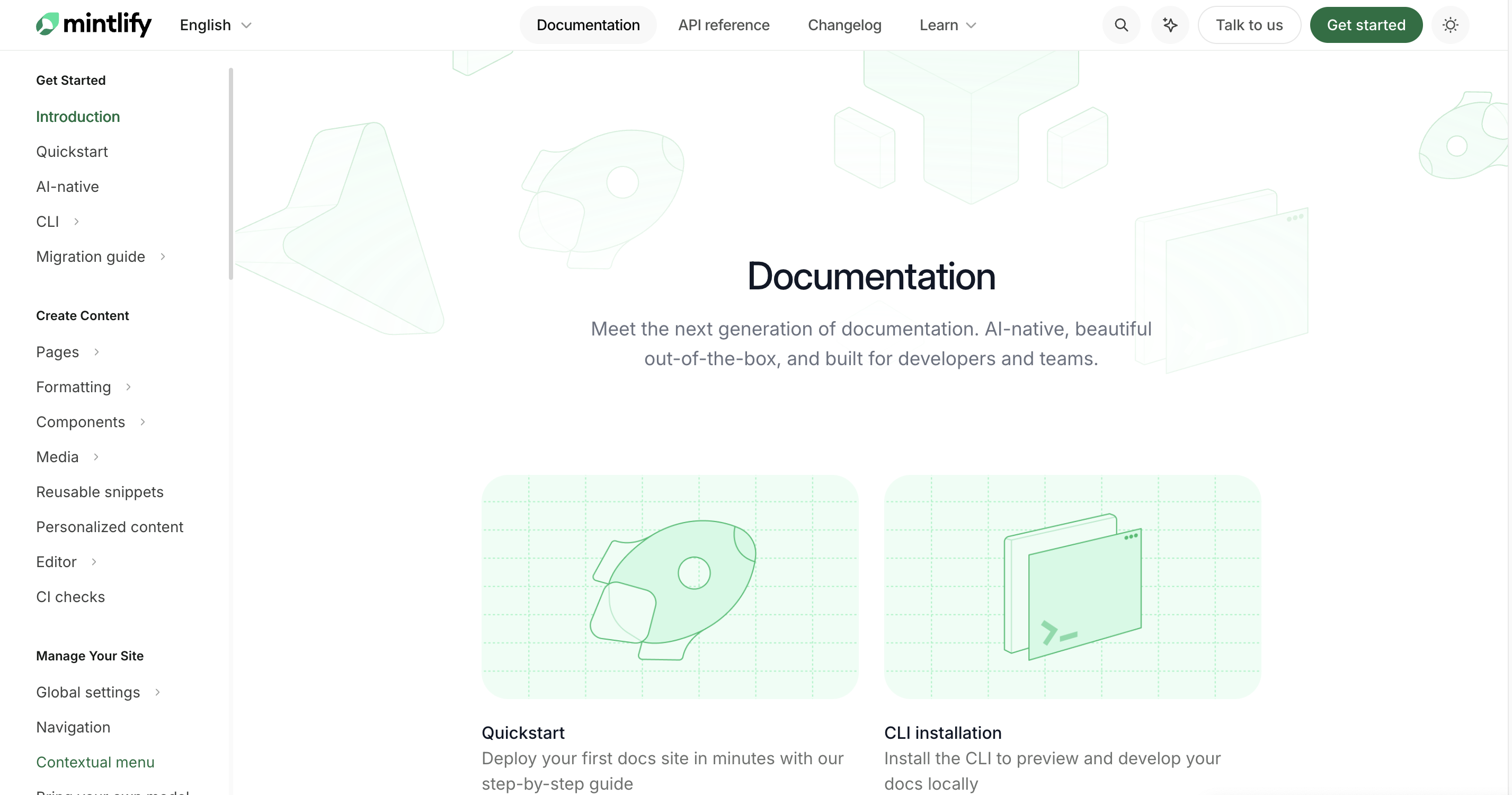 Mintlify documentation homepage with Quickstart and CLI installation cards