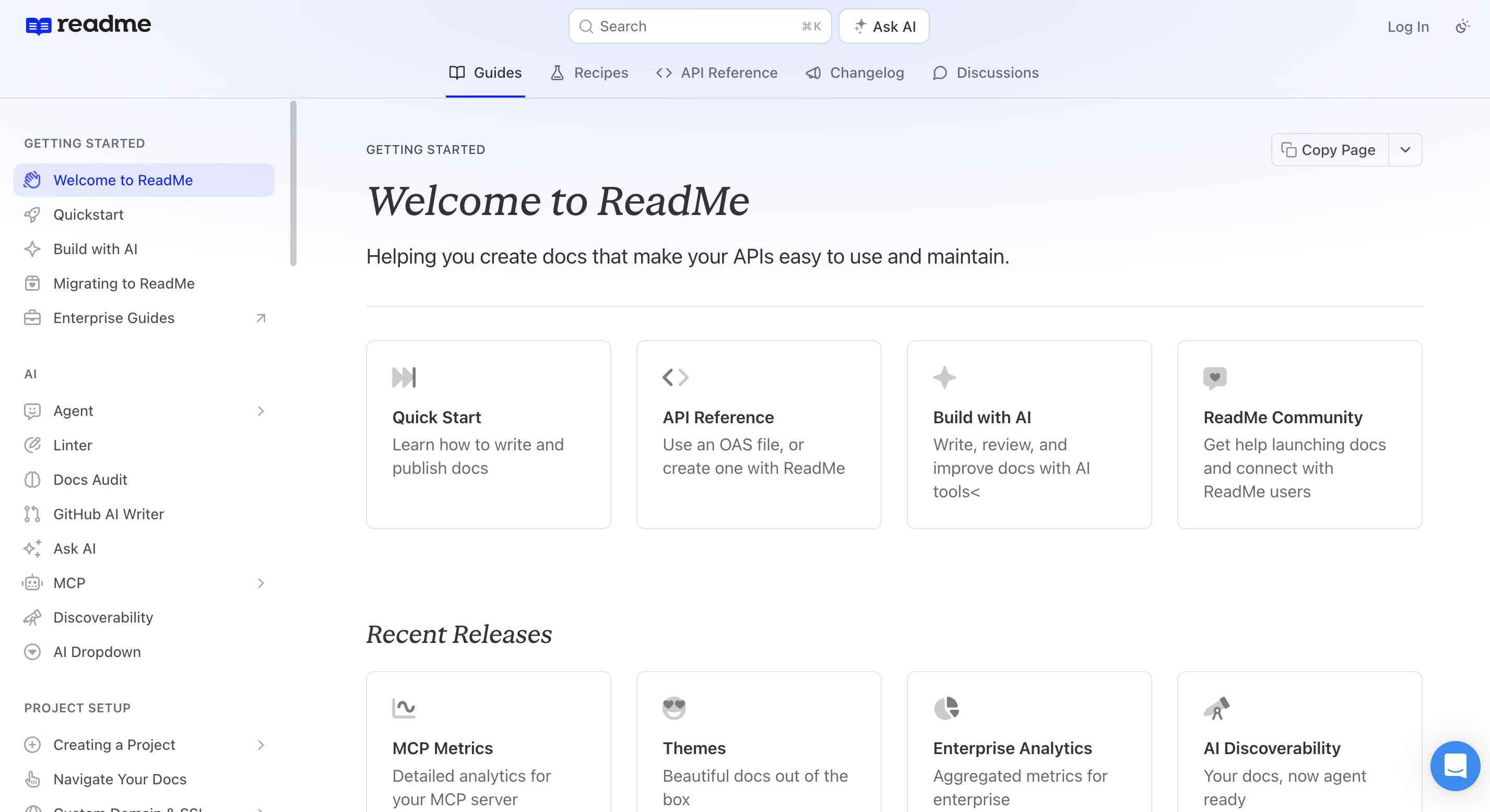 ReadMe documentation homepage with Guides, Recipes, API Reference, Changelog, and Discussions