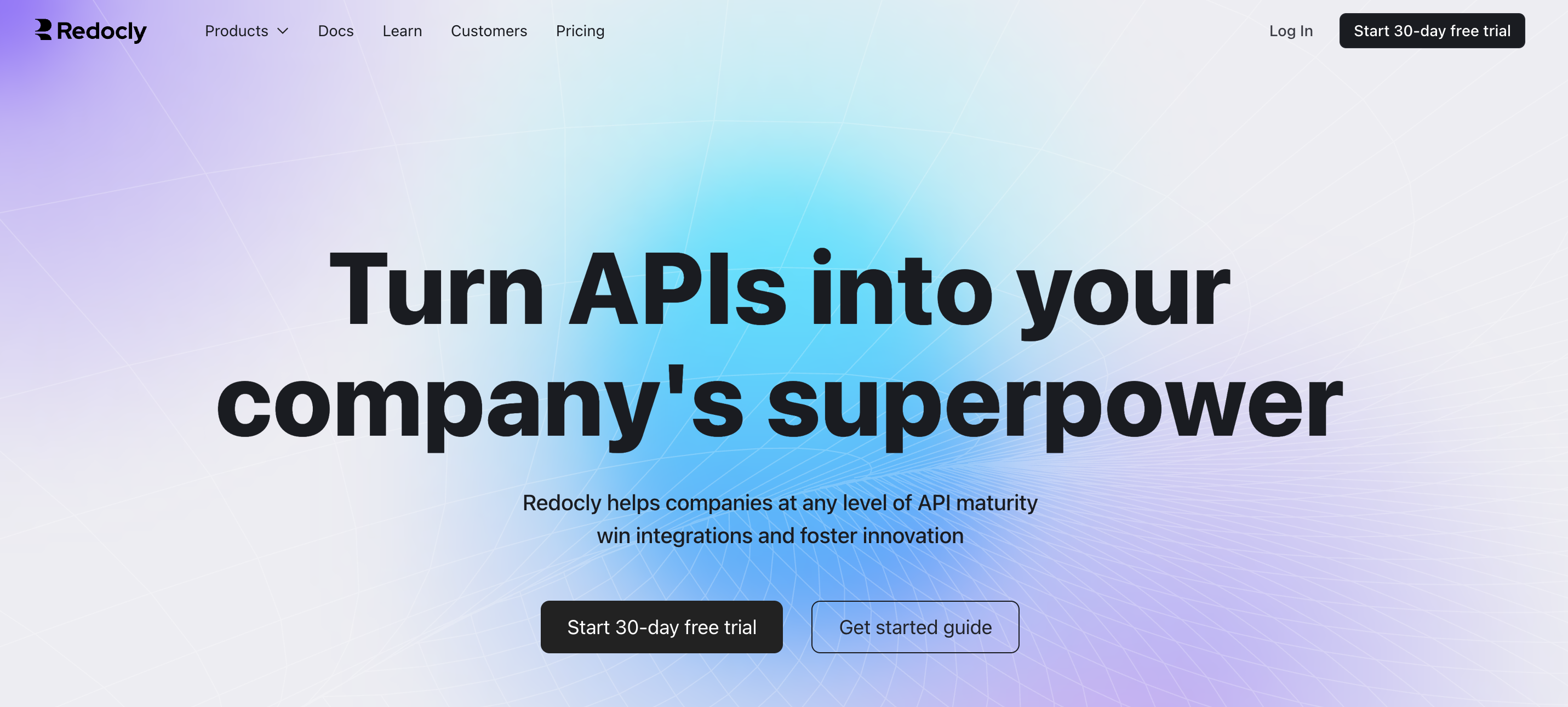 Redocly's homepage, 'Turn APIs into your company's superpower', with free trial and getting started calls to action